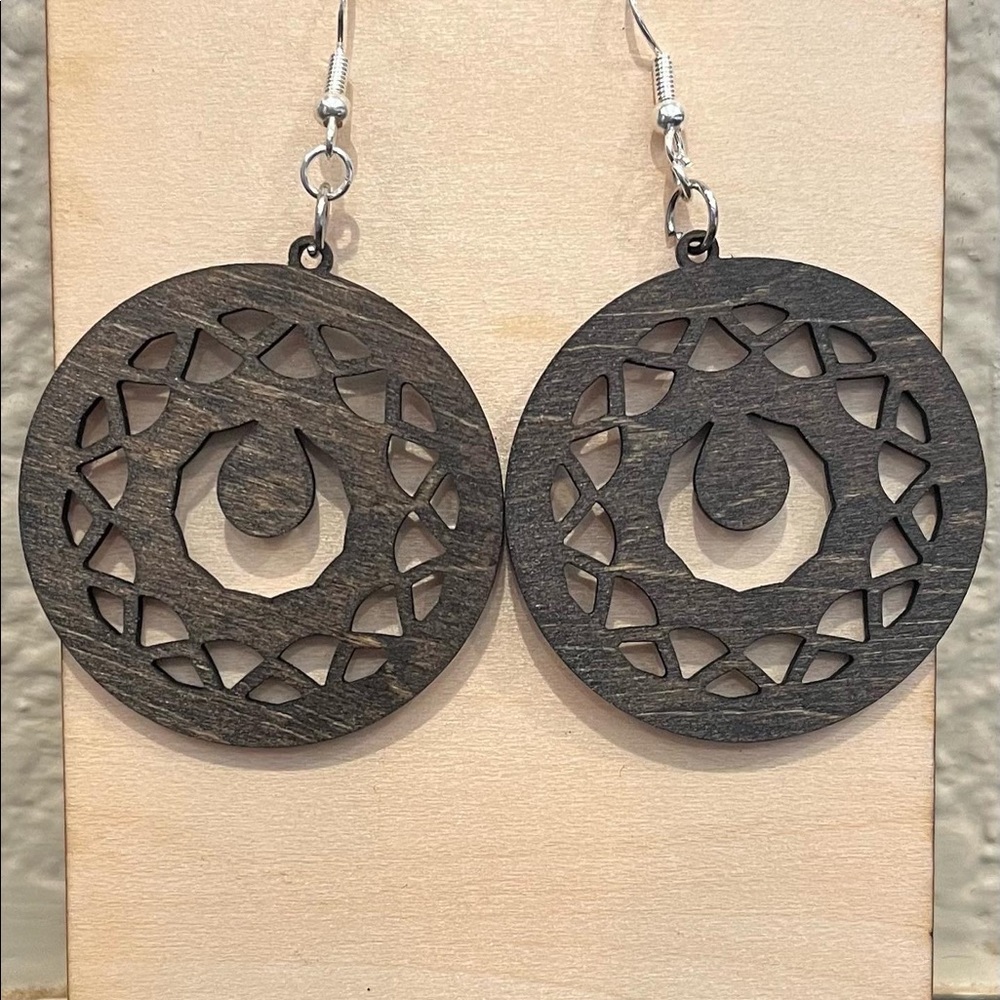 Mandala earrings, crescent moon earrings, wooden jewelry, wood earrings